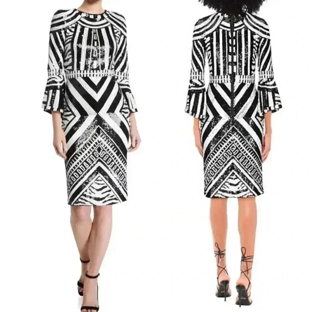 ALICE + OLIVIA Jaye Black & White Geometric Midi Sequin Dress